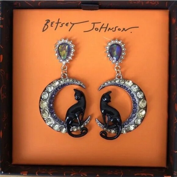Betsey Johnson Jewelry - Betsey Johnson Black Cat Moon Earrings NEW IN BOX